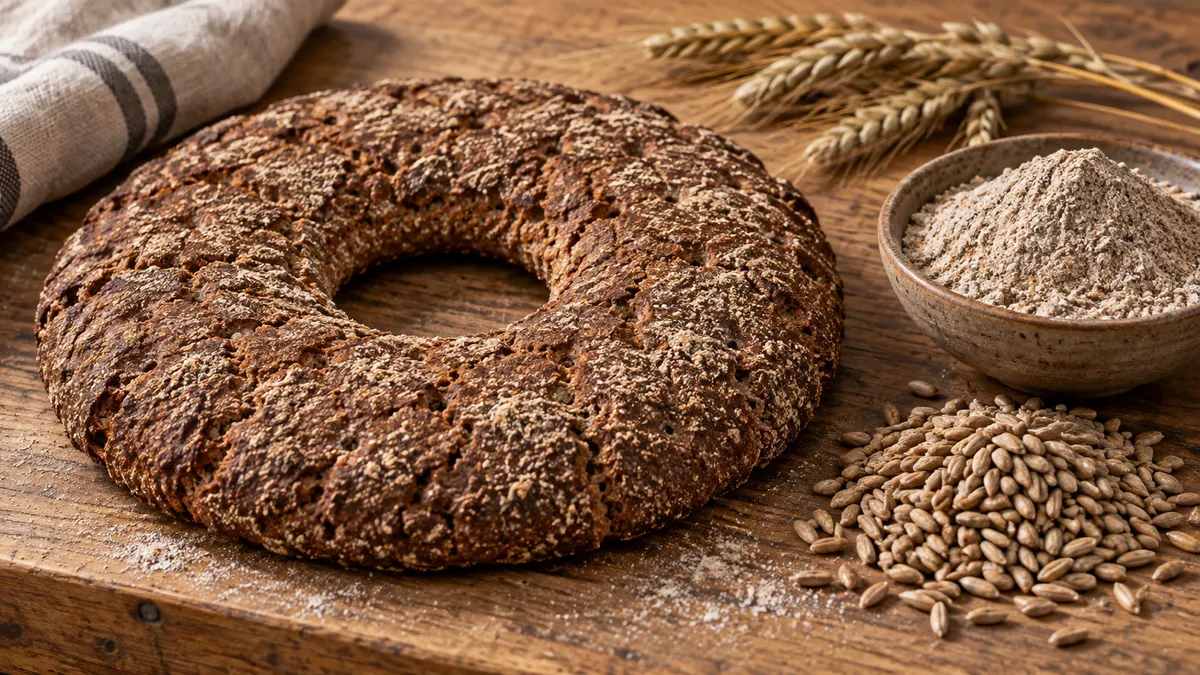 Sliced wholegrain rye bread, rye kernels, and rye flour.