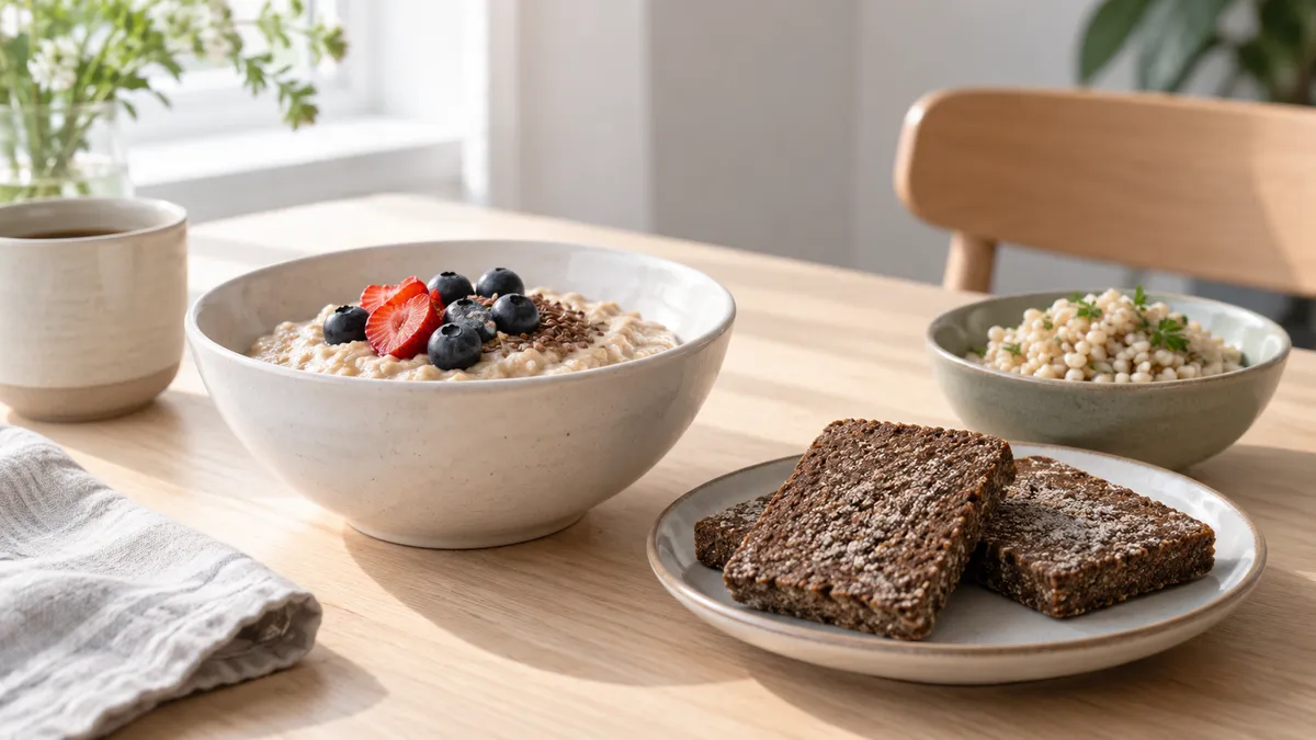 Oatmeal, three pieces of rye bread, and cooked barley on a table.