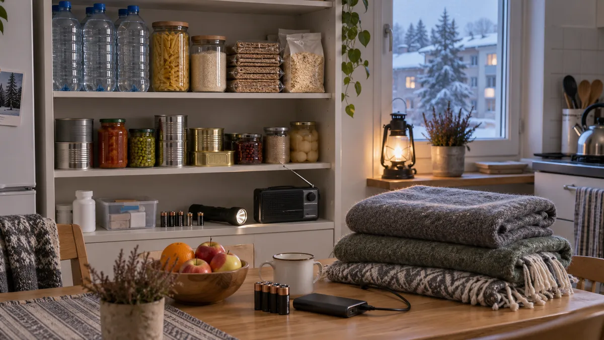 Kotivaran vettä, ruokaa, radio, paristoja, peittoja ja varavirtalähde.
