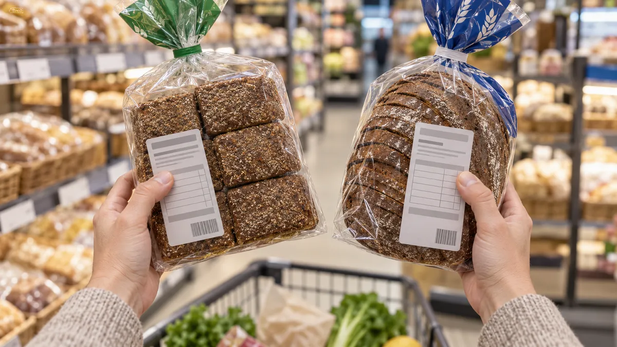 Hands compare two rye bread packages in a store.